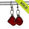 Fire Red Genuine English Sea Glass Earrings In Sterling Original Wire Bezel©