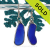 Unusual Long Large Vivid Blue Genuine Sea Glass Earrings Solid Sterling Silver Original Wire Bezel©