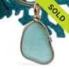 Awesome Aqua Blue Large Genuine Sea Glass Pendant In Gold Wire Bezel©