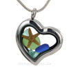 A Green, Auqa and Blue  sea glass piece in combined with a real starfish combined a heart locket in this sea glass locket necklace.