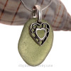 Green Sea Glass Necklace W/ Hearts in Heart Charm 