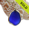 Cobalt Blue Sea Glass In Original Gold Wire Bezel© Necklace Pendant