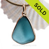 Aqua Blue Large Genuine Sea Glass Pendant In Gold Wire Bezel