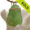 Vivid Green Sea Glass Necklace Pendant In 14K Goldfilled Triple Wirewrapped Setting