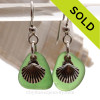Green Sea Glass Earrings W/ Solid Sterling Shell Charms