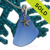 LARGE Blue Sea Glass Necklace On Sterling Bail With Sterling Silver Starfish Charm 