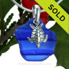 Ridged Cobalt Blue Glass With Sterling Silver Turtle Charm 