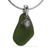 Deep Green Sea Glass With Sterling Silver Sea Shell Charm - 18" STERLING CHAIN INCLUDED