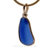 P-E-R-F-E-C-T Thick Bright Medium Blue  Sea Glass In Original Gold Wire Bezel© Pendant