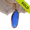 Long Blue Sea Glass In Original Gold Wire Bezel© Pendant