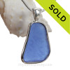 LARGE Embossed Carolina Blue Sea Glass Pendant In Sterling Silver Deluxe Wire Bezel Setting© 