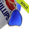 Embossed Large Cobalt Blue  Sea Glass In Original Gold Wire Bezel© Pendant