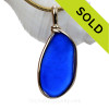 Blue Cobalt Sea Glass In Original Gold Wire Bezel© Pendant
