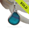Aqua Blue Seaham multi sea glass set in Sold Sterling Silver Original Wire Bezel© pendant 