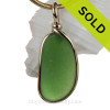 Long Larger Green Sea Glass Pendant In Gold Original Wire Bezel© Pendant