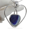 VERY LARGE Mixed Light & Dark Blue  Vivid Natural Sea Glass Heart In Deluxe Sterling Bezel© Pendant