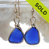 Smaller Triangles of Cobalt Blue Genuine Sea Glass in Gold Wire Bezel© Earrings