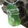 Emerald Green Genuine Sea Glass In Sterling Waves© Setting Pendant for Necklace