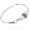 Vivid Aqua Green Sea Glass W/ Genuine Pearls Premium Sterling Bangle Bracelet