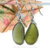 Long Large Seaweed Green Genuine Sea Glass Earrings In Sterling Silver Original Wire Bezel©