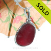 Large and Thick Deep Cherry Red English Sea Glass Pendant In Sterling Wire Bezel©
