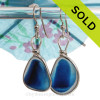 L-A-R-G-E ULTRA RARE  Vivid Mixed Blue Sterling English Multi Sea Glass Earrings In Sterling Original Wire Bezel©