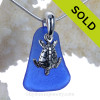 Petite cobalt blue sea glass set on a solid sterling cast bail with a sterling silver sea Turtle charm