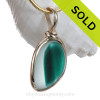Teal Dab - Turquoise & White English Art Sea Glass Pendant In 14K G/F Original Wire Bezel©