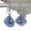 Blue Sea Glass Earrings On Sterling Silver  W/ Sea Shell Charms