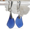 Large Long Blue Sea Glass on Solid Sterling Earrings Silver Deluxe Dangly Leverbacks