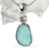 Touch Of Elegance -Aqua Blue Sea Glass Pendant In Deluxe Wire Bezel© with Premium CZ