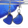 Thick  Blue Genuine Sea Glass Earrings Solid Sterling Silver Original Wire Bezel©