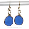 Round Medium Size Cobalt Blue Genuine Sea Glass in Gold Wire Bezel© Earrings