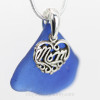 Just For Mom - Large Cobalt Blue Genuine Sea Glass Necklace & Sterling MOM Heart Charm 18" Solid Sterling Chain INCLUDED
