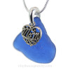 Just For Mom - Large Cobalt Blue Genuine Sea Glass Necklace & Sterling MOM Heart Charm 18" Solid Sterling Chain INCLUDED