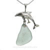 Mother & Child -  Large Dolphin Sterling Silver Necklace with Sea Green Sea Glass - 18" STERLING CHAIN INCLUDED