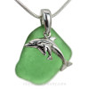 Vivid Green Sea Glass Necklace with Sterling Silver Dolphin  Mother and Baby Charm - 18" Solid Sterling Chain INCLUDED