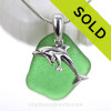 Green Sea Glass Necklace with Sterling Silver Dolphin Mother and Baby Charm
