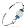 Pure White Sea Glass With Blue Beads On Solid Sterling Bangle 