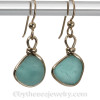 THICK  Smaller Vivid Aqua Sea Glass Earrings In 14K G/F Original Wire Bezel© Setting