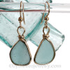 Vivid Aqua Beach Found Sea Glass Earrings In 14K Rolled Gold Original Bezel©
