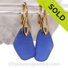 Larger Blue Genuine Sea Glass on 24K Gold Vermeil Leverback Deco Earrings