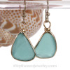 Large Aqua Beach Found Sea Glass Earrings In 14K Rolled Gold Original Bezel©
