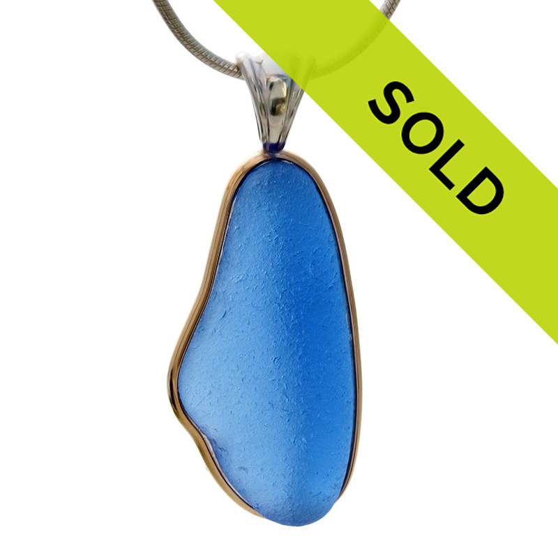 PERFECT LARGE Vivid Bright Blue Sea Glass Pendant In Tiffany