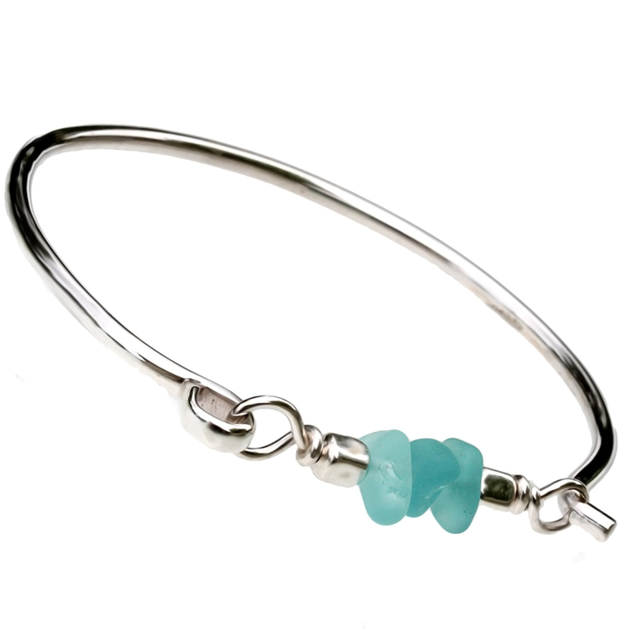 Aqualicious - Aqua Sea Glass Sterling Bangle Bracelet (SB1334)