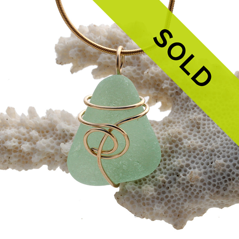 Vivid Seafoam Green Sea Glass In Gold Sea Swirl Necklace