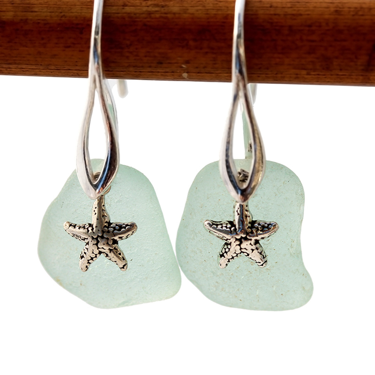Pale Aqua Beach Glass and Sterling Silver Starfish Earrings