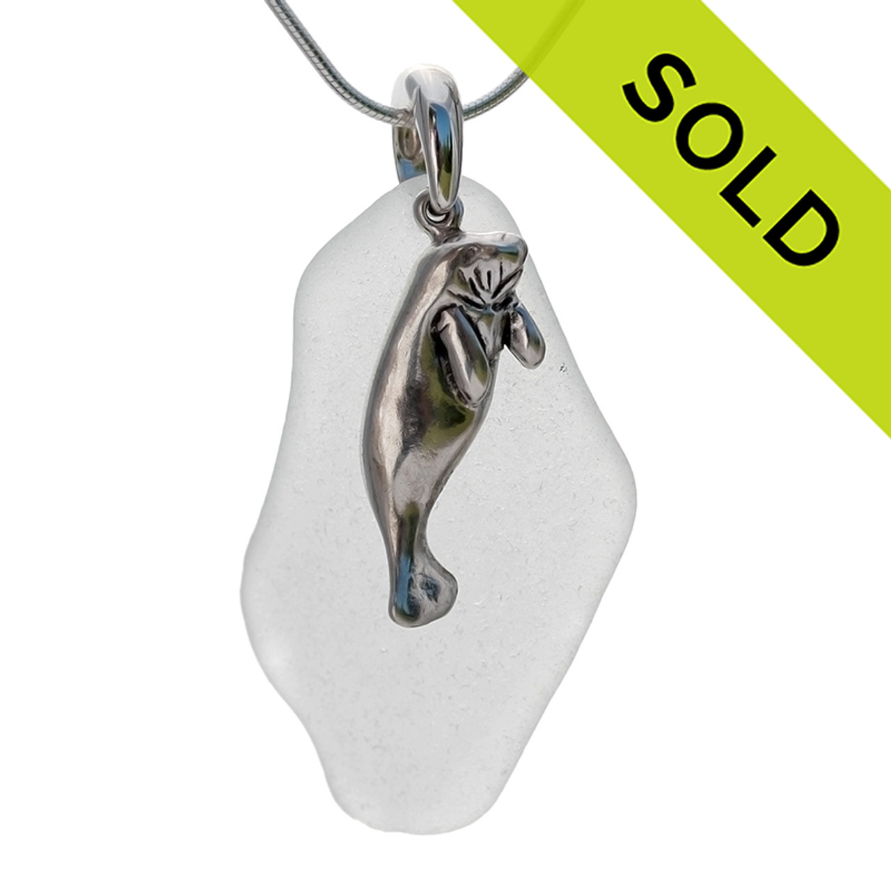 Winter White Sea Glass With Sterling Silver Large Manatee Charm