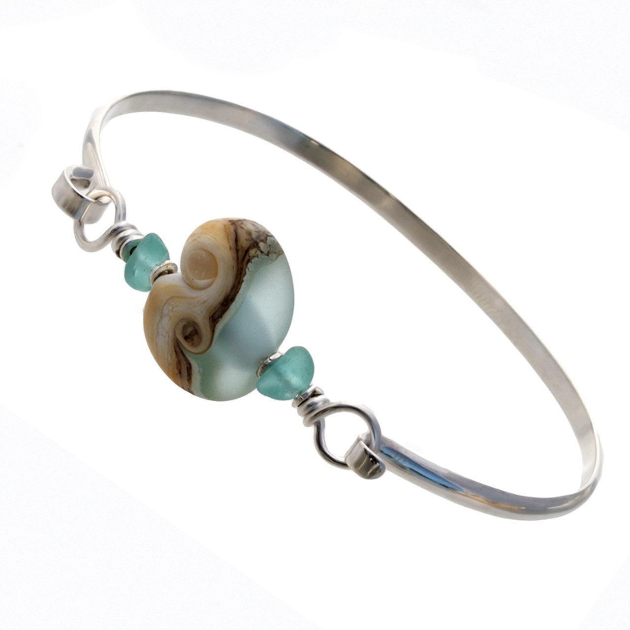 Waveside - Aqua Beach Found Sea Glass Bangle Bracelet W/ Handmade Bead ...