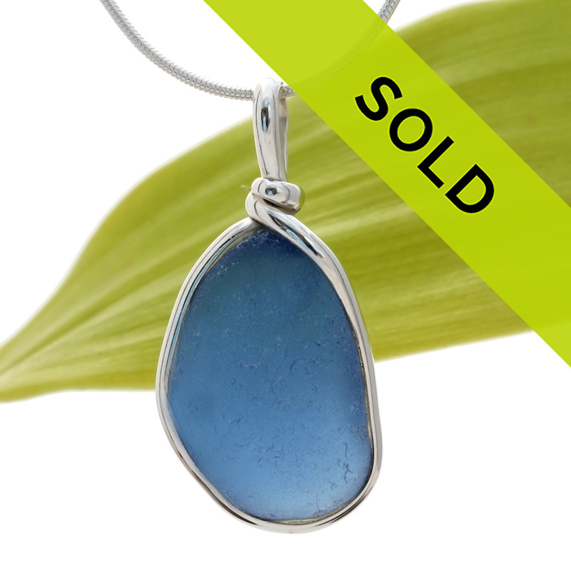 Medium Large Blue Genuine Sea Glass Pendant In S/S Wire Bezel